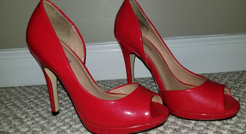 red peep toe heels